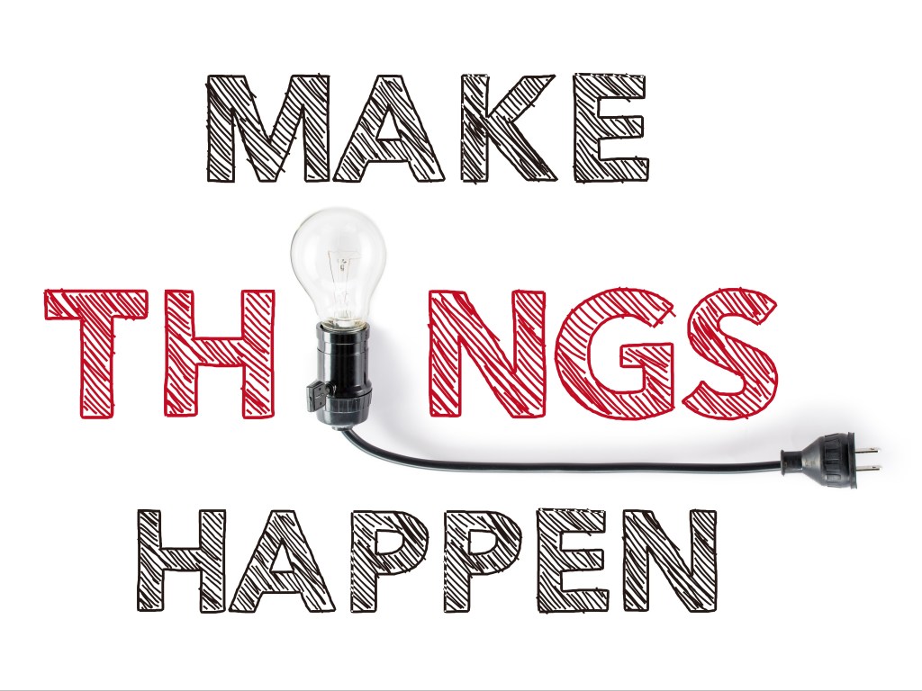 make things happen phrase and light bulb, hand writing, achieve