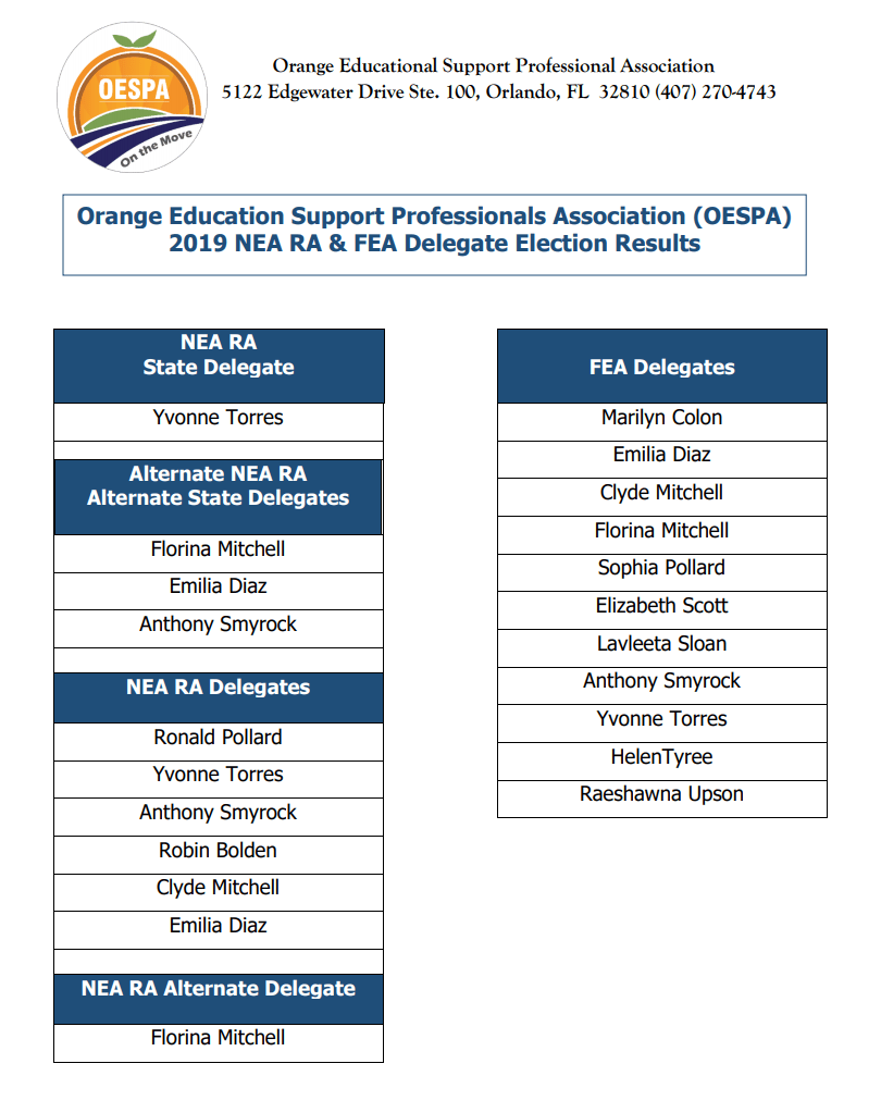 OESPA 2019 NEA RA and FEA Delegate Election Preliminary Results
