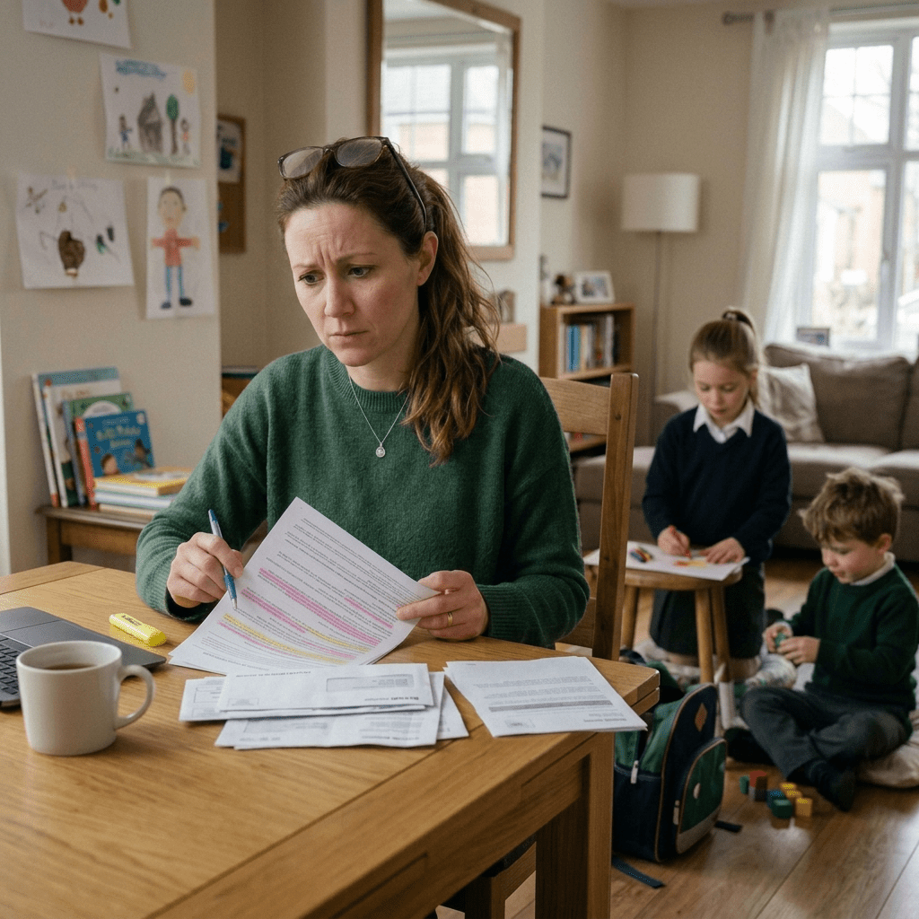 Woman in green sweater reviewing printed documents and highlighting text at a wooden table with laptop and cup of tea